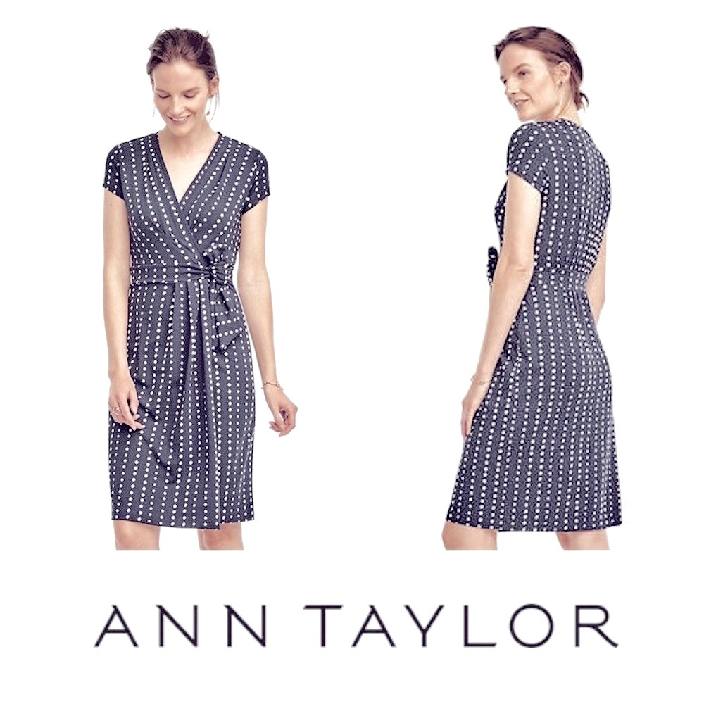 LIKE NEW Ann Taylor navy and off-white dot print wrap dress